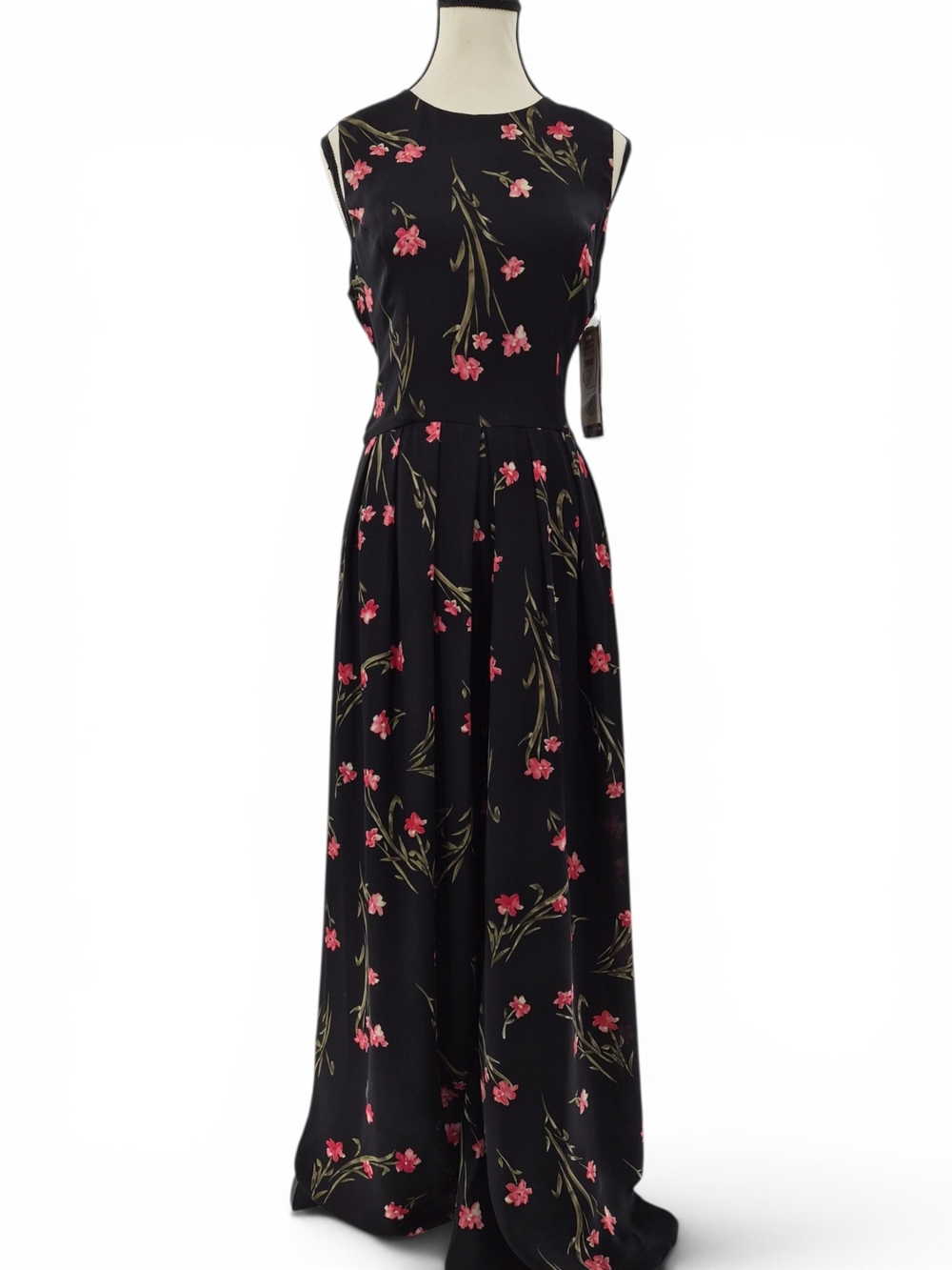 Spenser Jeremy Women's 100% Silk Floral Jumpsuit 8 Black Pink Tie Waist Wide Leg